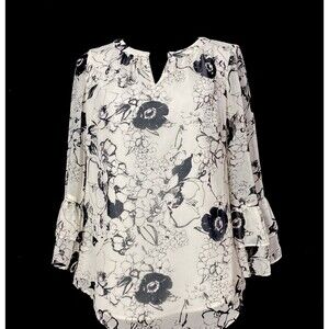 Talbots Top XS White Black Floral Peasant Tier 3/4 Sl Blouse Flowy V Neck‎